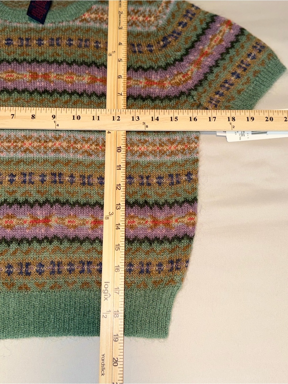 Vintage Ralph Lauren Mint Green Multicolor Fair Isle Short Sleeve Sweater - Picture 5 of 6